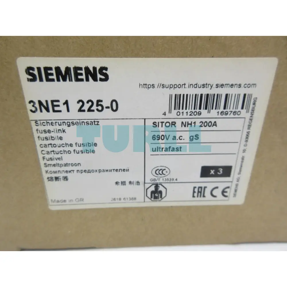 Siemens 3NE1225-0 SITOR Fuse Link with Blade Contacts, NH1, 200A, gS, 690V AC, 250V DC, Front Indicator