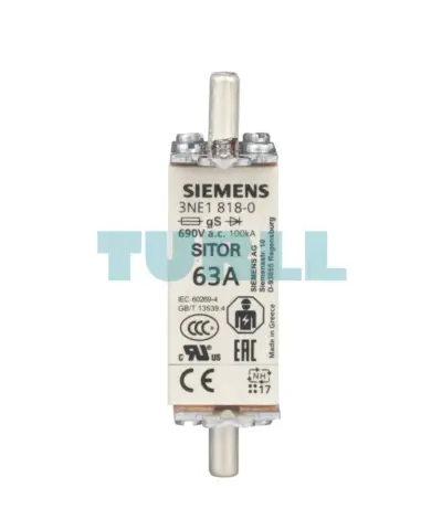 Siemens 3NE1818-0 SITOR Fuse Link, NH000, 63A, gS, 690V AC / 250V DC