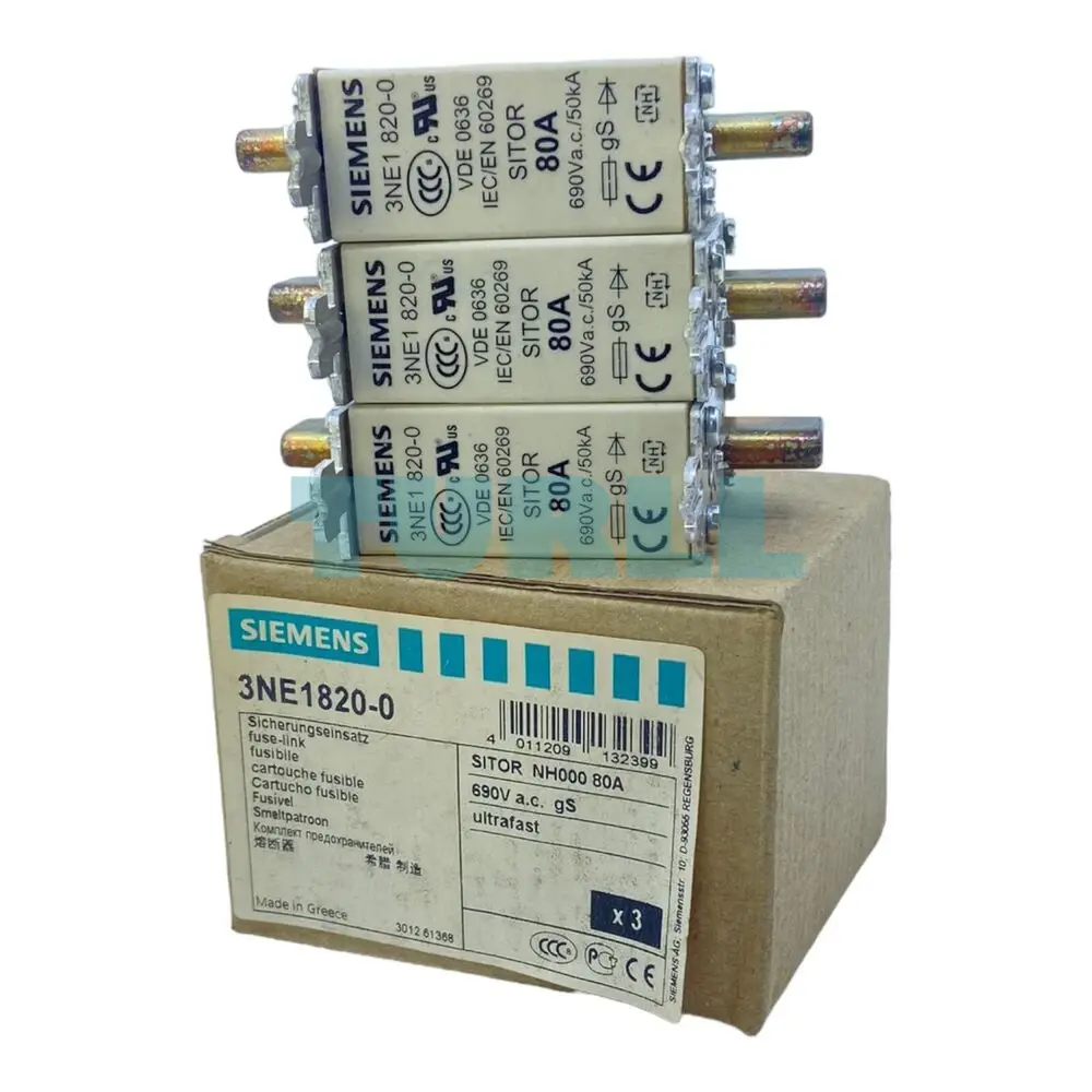Siemens 3NE1820-0 SITOR Fuse Link NH000 80A, gS, 690V AC / 250V DC, Front Indicator