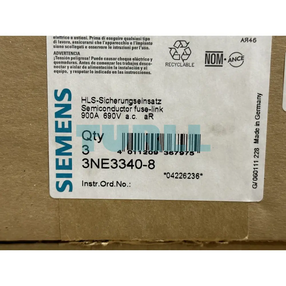Siemens 3NE3340-8 SITOR NH2 Fuse Link 900A aR 690V with Front Indicator
