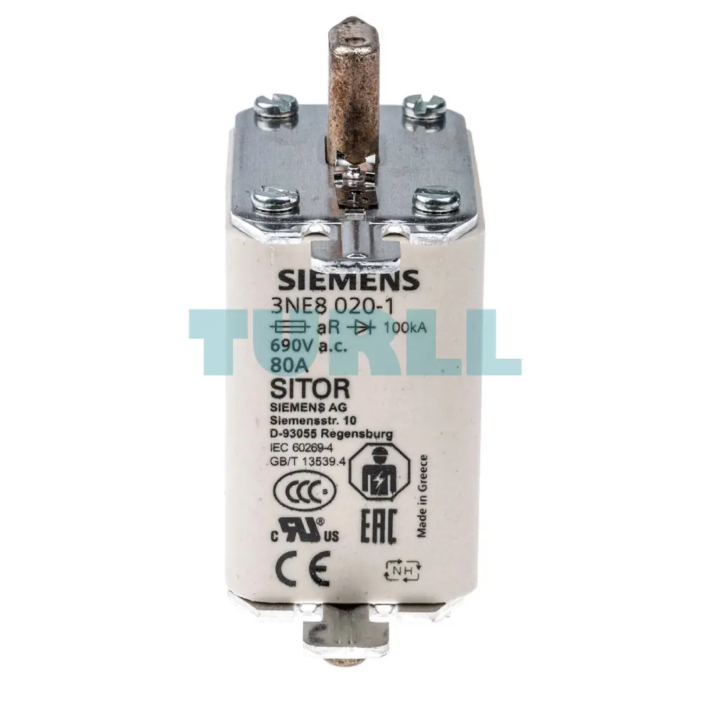 Siemens 3NE8020-1 SITOR Fuse Link NH00, 80A, AC 690V / DC 440V, Front Indicator