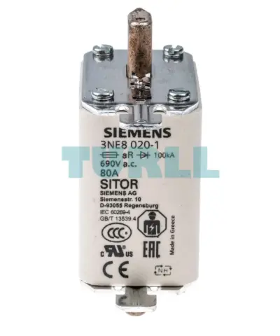 Siemens 3NE8020-1 SITOR Fuse Link NH00, 80A, AC 690V / DC 440V, Front Indicator