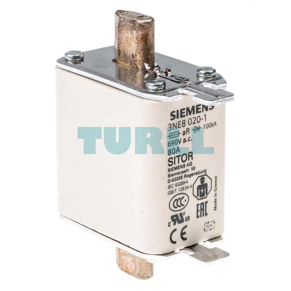 Siemens 3NE8020-1 SITOR Fuse Link NH00, 80A, AC 690V / DC 440V, Front Indicator