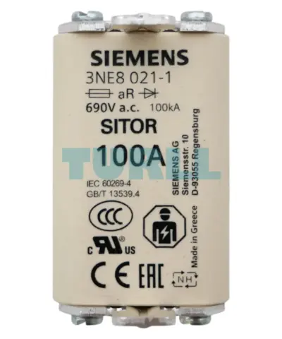 Siemens 3NE8021-1 SITOR Fuse Link, NH00, 100A, aR Semiconductor Protection