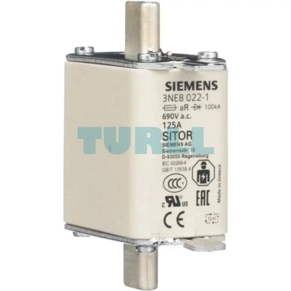Siemens 3NE8022-1 SITOR Fuse Link, NH00, 125A, aR Characteristic, 690V AC / 440V DC