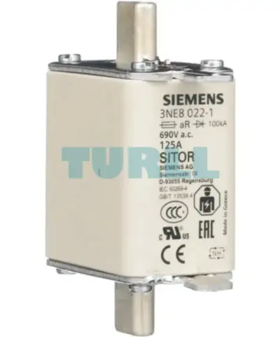 Siemens 3NE8022-1 SITOR Fuse Link, NH00, 125A, aR Characteristic, 690V AC / 440V DC