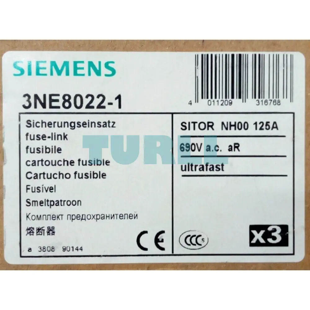 Siemens 3NE8022-1 SITOR Fuse Link, NH00, 125A, aR Characteristic, 690V AC / 440V DC