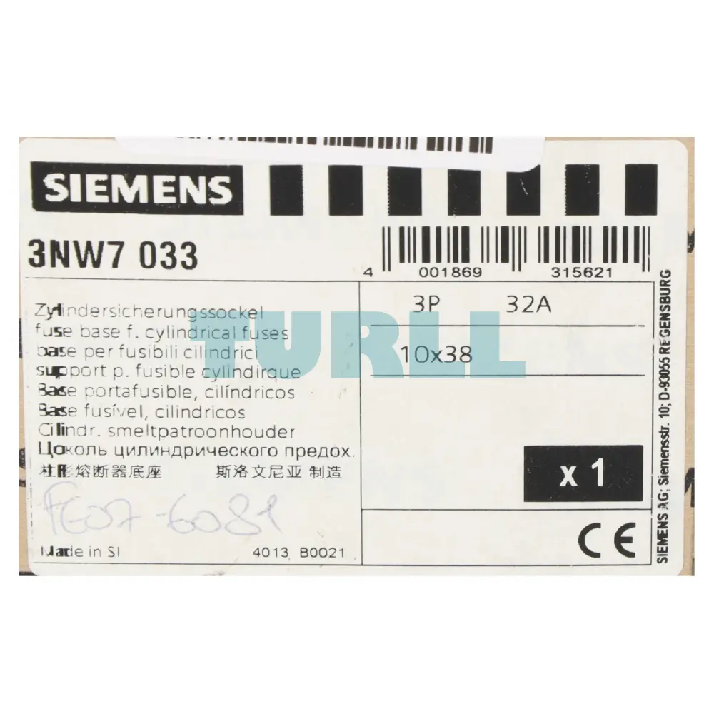 Siemens 3NW7033 SENTRON Cylindrical Fuse Holder, 10x38 mm, 3-Pole, 32 A, 690 V AC