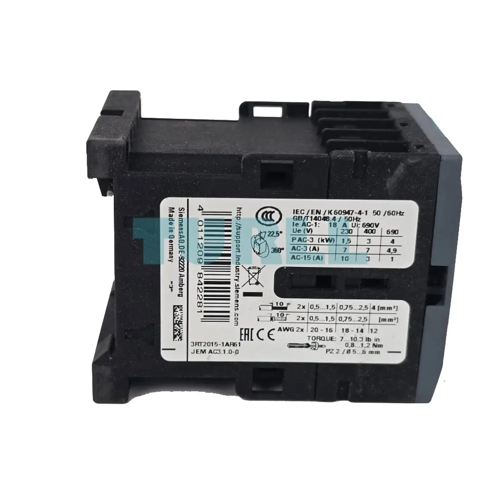 Siemens 3RT2015-1AR61 SIRIUS Power Contactor, 7A, 3kW, 400V, 3-Pole, Size S00 with 1 NO Auxiliary Contact Original Brand New 3 Siemens 3RT2015-1AR61 SIRIUS Power Contactor, 7A, 3kW, 400V, 3-Pole, Size S00 with 1 NO Auxiliary Contact