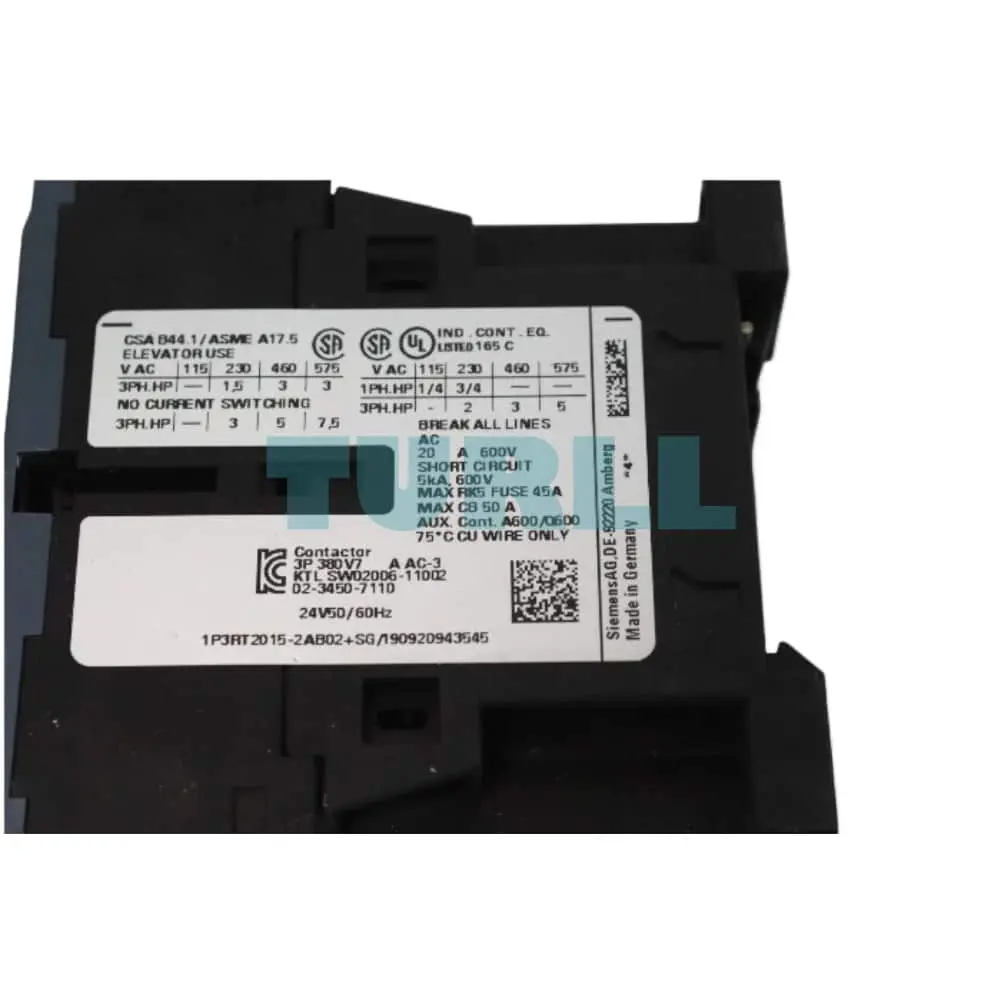 Siemens 3RT2015-2AB02 Power Contactor 7A, 3kW, 24V AC, 1NC Auxiliary, Spring-Loaded Terminal, Size S00 Original Brand New 3 Siemens 3RT2015-2AB02 Power Contactor 7A, 3kW, 24V AC, 1NC Auxiliary, Spring-Loaded Terminal, Size S00