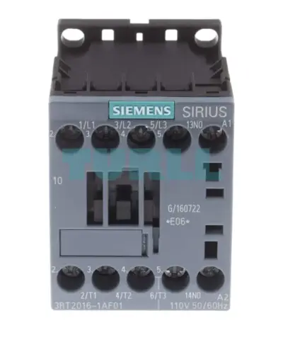 Siemens 3RT2016-1AF01 SIRIUS 3RT Power Contactor, 9A, 4kW, 3-Pole, 110V AC Coil, Size S00, Screw Terminal