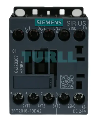 Siemens 3RT2016-1BB42 Power Contactor 9A, AC-3, 24V DC Coil, 3-Pole, S00
