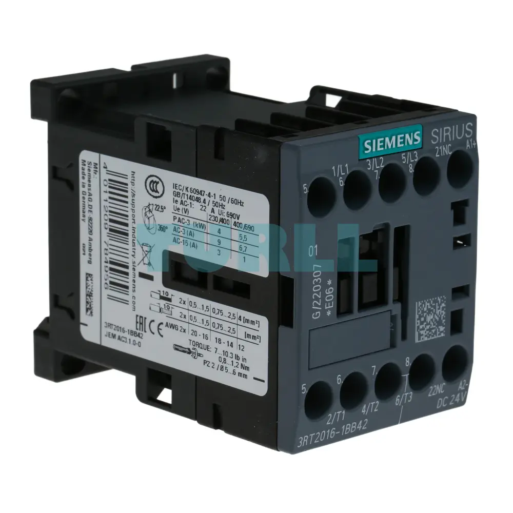 Siemens 3RT2016-1BB42 Power Contactor 9A, AC-3, 24V DC Coil, 3-Pole, S00 Original Brand New 3 Siemens 3RT2016-1BB42 Power Contactor 9A, AC-3, 24V DC Coil, 3-Pole, S00