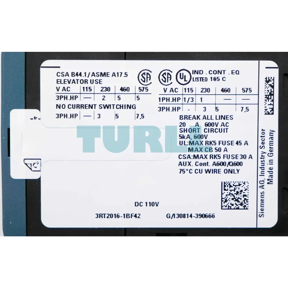 Siemens 3RT2016-1BF42 Power Contactor 9A, 4kW, 110V DC Coil, 3-Pole, 1NC Aux, S00 Size Original Brand New 5 Siemens 3RT2016-1BF42 Power Contactor 9A, 4kW, 110V DC Coil, 3-Pole, 1NC Aux, S00 Size