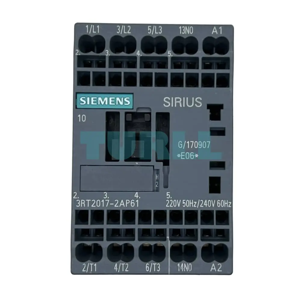 Siemens 3RT2017-2AP61 SIRIUS Power Contactor 12A, 5.5kW, AC-3e/AC-3, 3-Pole, 220V/240V AC Coil, 1NO Aux, Size S00, Spring-Loaded Terminal Original Brand New 1 Siemens 3RT2017-2AP61 SIRIUS Power Contactor 12A, 5.5kW, AC-3e/AC-3, 3-Pole, 220V/240V AC Coil, 1NO Aux, Size S00, Spring-Loaded Terminal