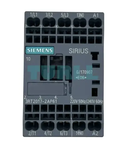 Siemens 3RT2017-2AP61 SIRIUS Power Contactor 12A, 5.5kW, AC-3e/AC-3, 3-Pole, 220V/240V AC Coil, 1NO Aux, Size S00, Spring-Loaded Terminal