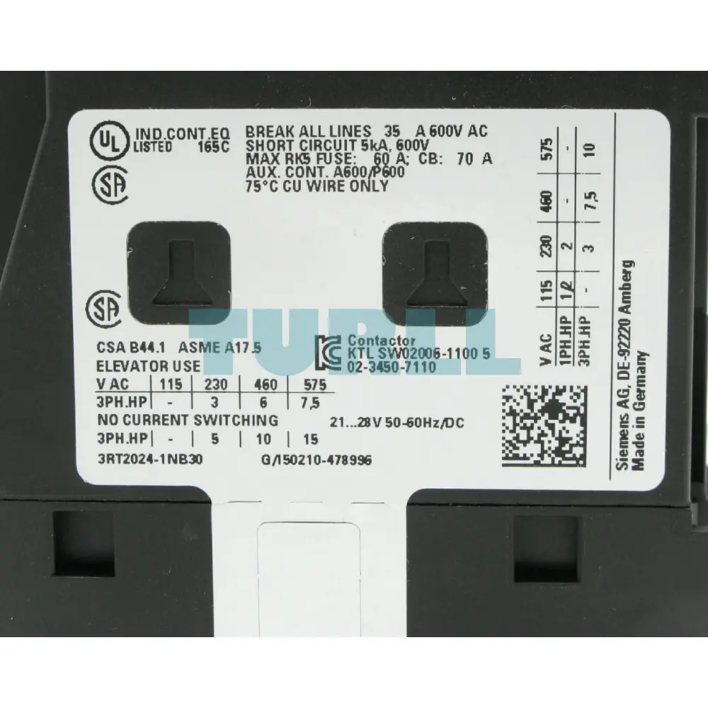 Siemens 3RT2024-1NB30 SIRIUS Power Contactor, 3-Pole, 12A, 5.5kW, 21-28V AC/DC Coil, Screw Terminal, Size S0 Original Brand New 2 Siemens 3RT2024-1NB30 SIRIUS Power Contactor, 3-Pole, 12A, 5.5kW, 21-28V AC/DC Coil, Screw Terminal, Size S0