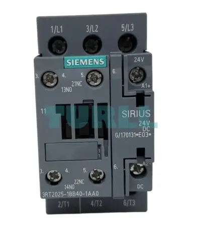 Siemens SIRIUS 3RT2025-1BB40-1AA0 Power Contactor Size S0, 17A, 24V DC Coil, 1 NO + 1 NC Auxiliary Contacts