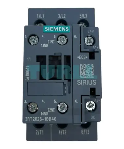 Siemens 3RT2026-1BB40 Power Contactor 25A, 11kW, 3-Pole, 24V DC, 1NO+1NC, S0 Size