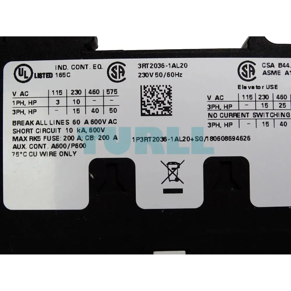 Siemens 3RT2036-1AL20 SIRIUS Power Contactor AC-3e/AC-3, 51 A, 22 kW, 230 V AC Coil, Size S2 Original Brand New 3 Siemens 3RT2036-1AL20 SIRIUS Power Contactor AC-3e/AC-3, 51 A, 22 kW, 230 V AC Coil, Size S2