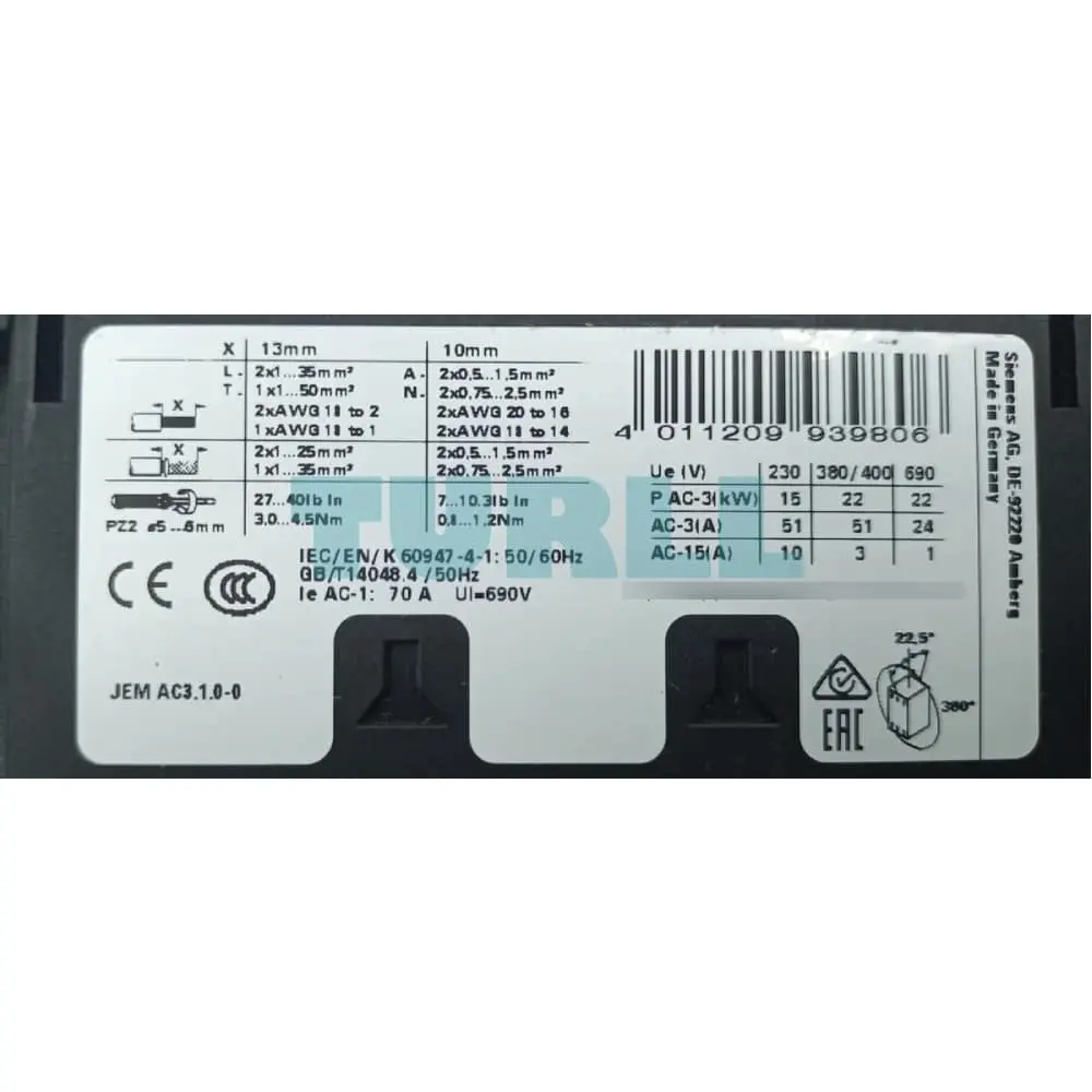 Siemens 3RT2036-1AN20 Power Contactor 51A, 22kW, 220V AC, 3-Pole, Screw Terminal Original Brand New 3 Siemens 3RT2036-1AN20 Power Contactor 51A, 22kW, 220V AC, 3-Pole, Screw Terminal