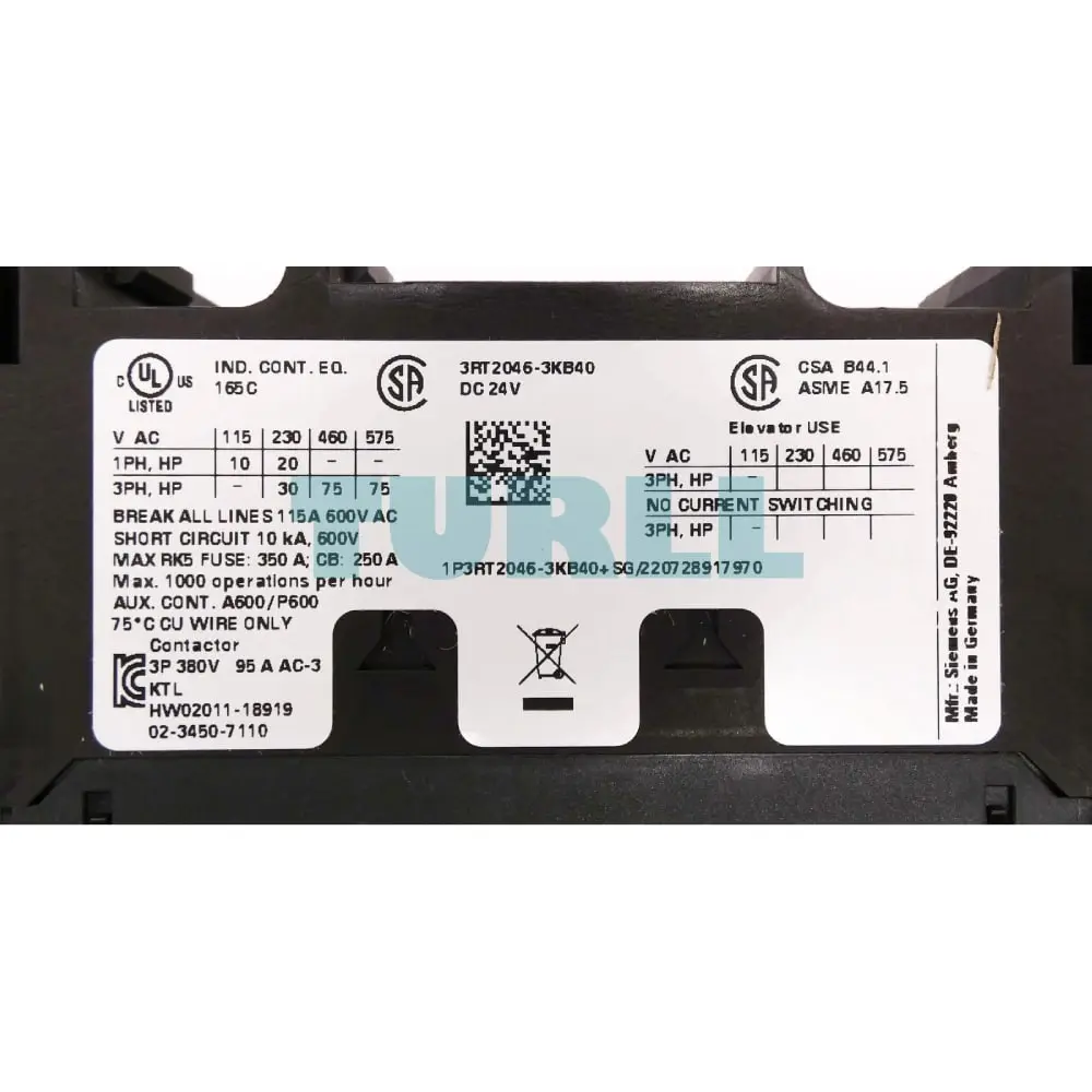 Siemens SIRIUS 3RT2046-3KB40 Power Contactor, Size S3, 95A, 45kW, 24V DC, with Integrated Varistor Original Brand New 6 Siemens SIRIUS 3RT2046-3KB40 Power Contactor, Size S3, 95A, 45kW, 24V DC, with Integrated Varistor