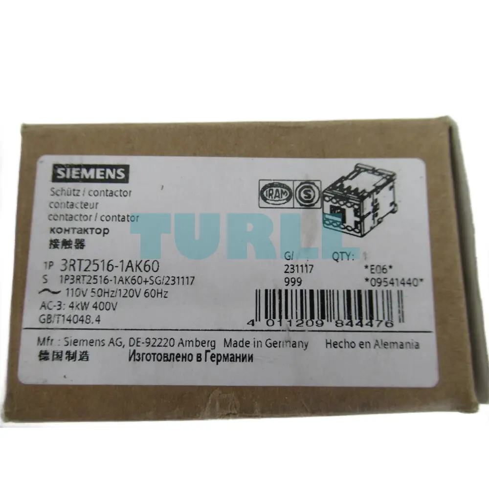 Siemens 3RT2516-1AK60 Power Contactor 9A, 4 kW, 4-Pole, AC-3, Screw Terminal