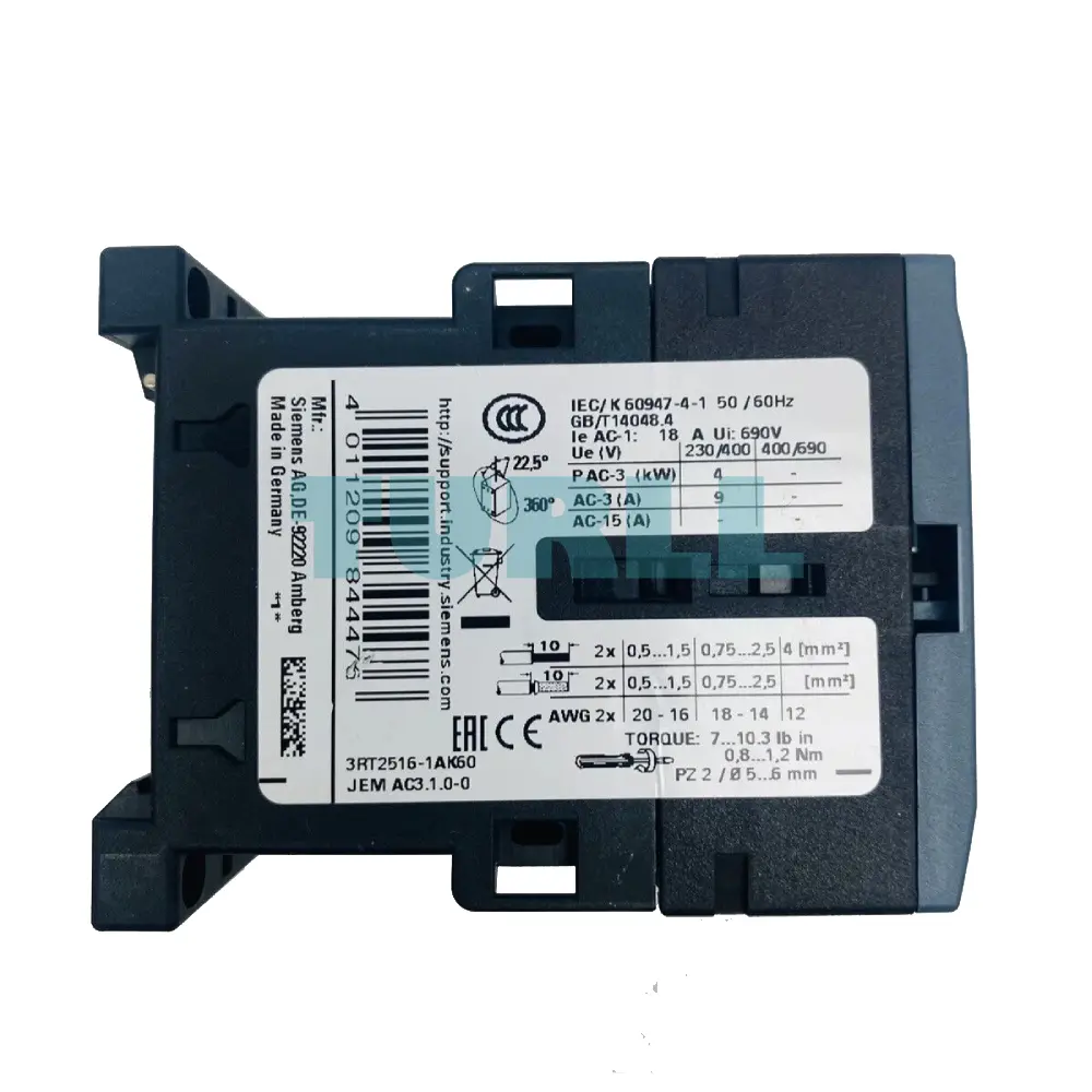 Siemens 3RT2516-1AK60 Power Contactor 9A, 4 kW, 4-Pole, AC-3, Screw Terminal