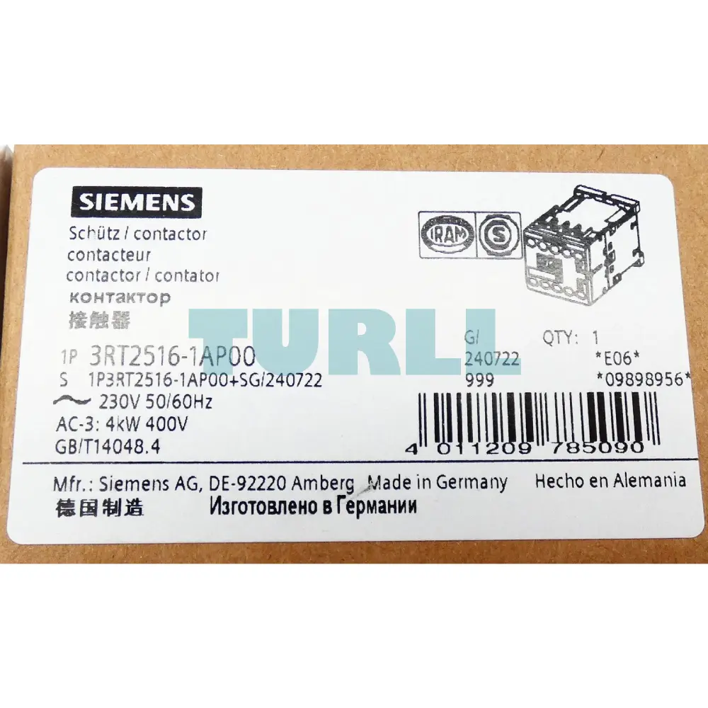 Siemens 3RT2516-1AP00 Power Contactor 4-Pole, 9A, 4 kW / 400V, AC-3
