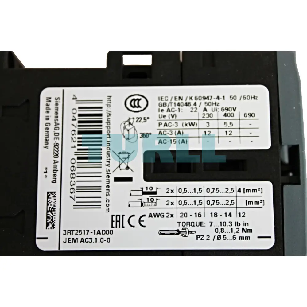 Siemens 3RT2517-1AD00 Power Contactor 4-Pole, 12A, 5.5kW, AC-3, 42V AC