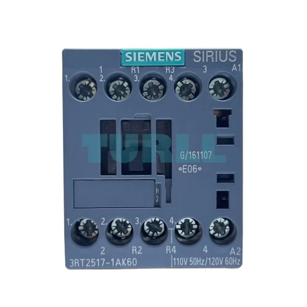 Siemens 3RT2517-1AK60 Power Contactor 12A, AC-3, 5.5 kW / 400V, 4-Pole, 110/120V Coil, S00 Size