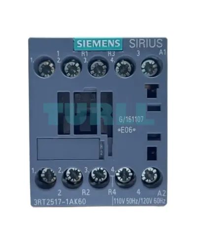 Siemens 3RT2517-1AK60 Power Contactor 12A, AC-3, 5.5 kW / 400V, 4-Pole, 110/120V Coil, S00 Size