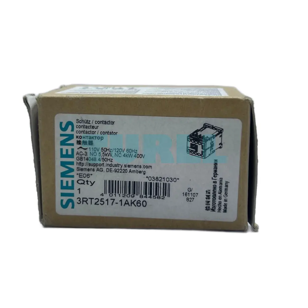 Siemens 3RT2517-1AK60 Power Contactor 12A, AC-3, 5.5 kW / 400V, 4-Pole, 110/120V Coil, S00 Size