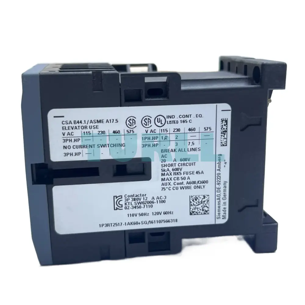 Siemens 3RT2517-1AK60 Power Contactor 12A, AC-3, 5.5 kW / 400V, 4-Pole, 110/120V Coil, S00 Size