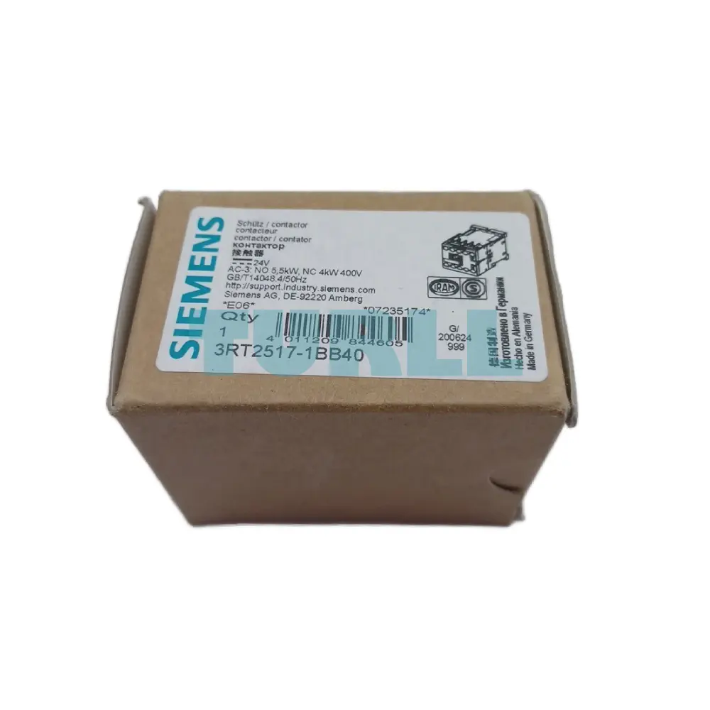 Siemens 3RT2517-1BB40 Power Contactor 4-Pole, 12A, 5.5kW, 24V DC, Screw Terminal