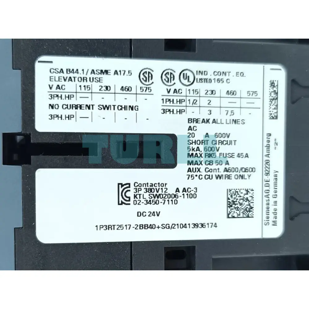 Siemens 3RT2517-2BB40 Power Contactor 4-Pole, 12A, 5.5kW, 24V DC Coil, Spring-Loaded Terminal