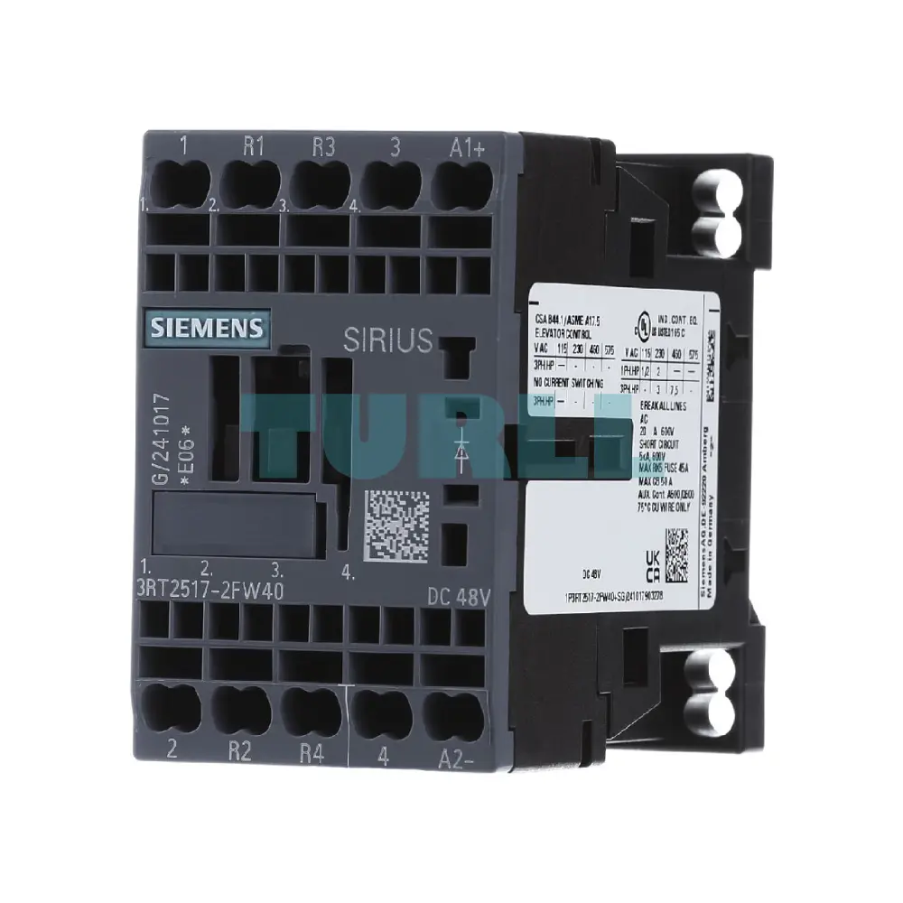 Siemens 3RT2517-2FW40 Power Contactor 12A, 5.5kW / 400V, 4-Pole, 48V DC with Integrated Diode