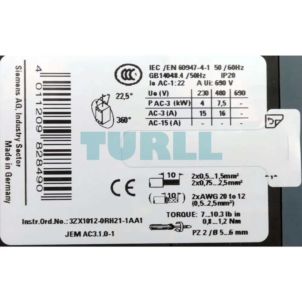 Siemens 3RT2518-1BB40 Power Contactor 16A, 7.5kW, 4-Pole, 24V DC, AC-3