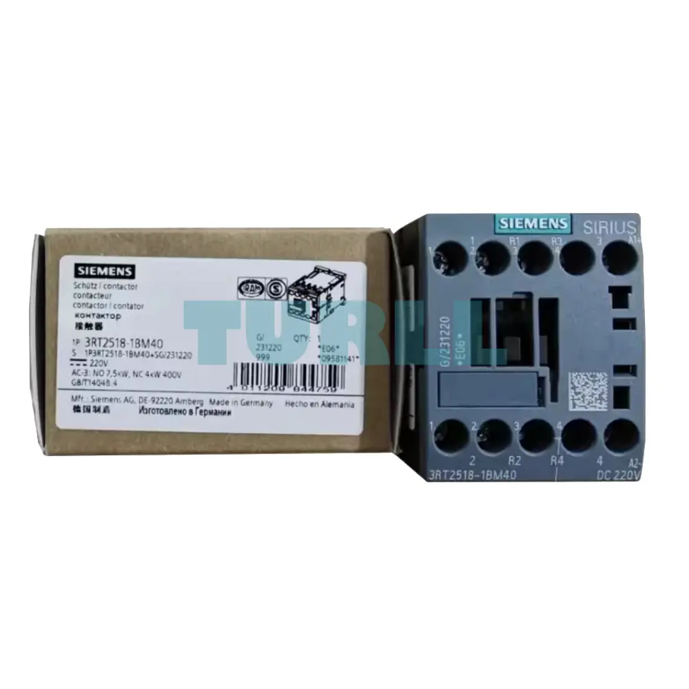Siemens 3RT2518-1BM40 Power Contactor 16A, 7.5kW, 4-Pole, AC-3, 220V DC, S00 Size