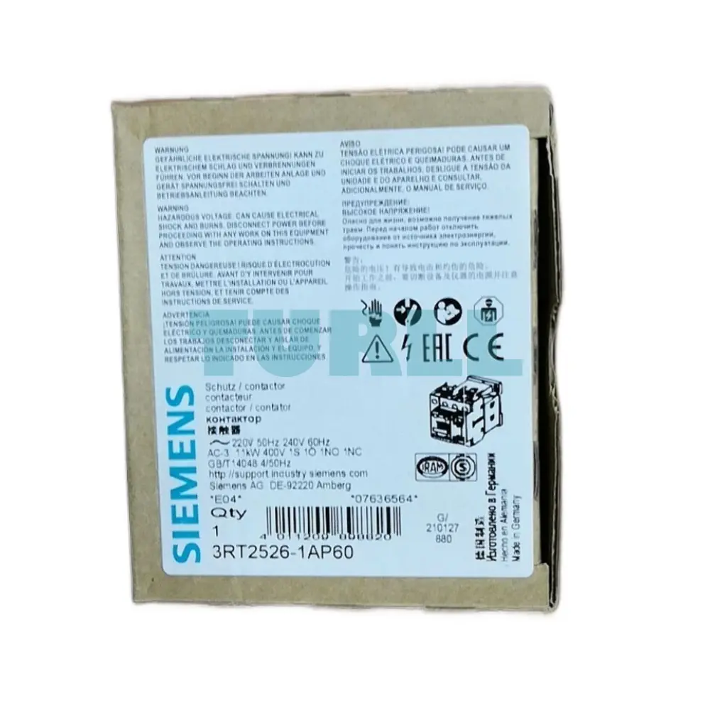Siemens 3RT2526-1AP60 Power Contactor 25A, 11kW, 4-Pole, AC-3, Screw Terminal, S0 Size
