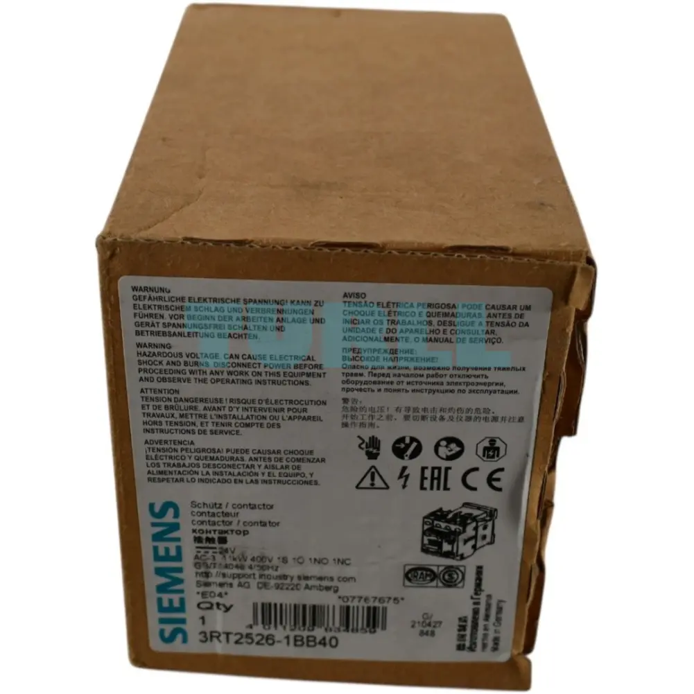 Siemens 3RT2526-1BB40 Power Contactor 25A, 11kW / 400V, 4-Pole, 24V DC, Screw Terminal