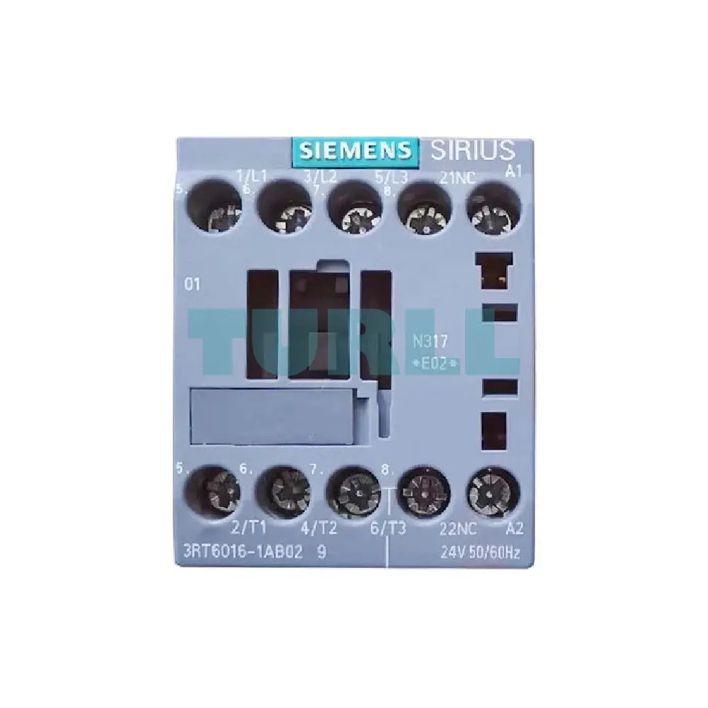 Siemens 3RT6016-1AB02 Contactor AC, 24V, 50/60Hz, AC-3, 4kW, 400V, 3-Pole, S00 Size, Screw Terminal