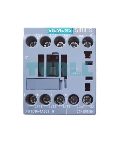 Siemens 3RT6016-1AB02 Contactor AC, 24V, 50/60Hz, AC-3, 4kW, 400V, 3-Pole, S00 Size, Screw Terminal