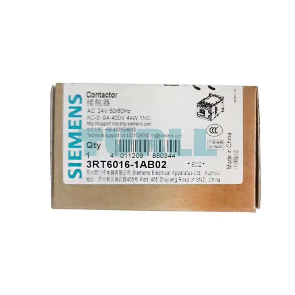Siemens 3RT6016-1AB02 Contactor AC, 24V, 50/60Hz, AC-3, 4kW, 400V, 3-Pole, S00 Size, Screw Terminal