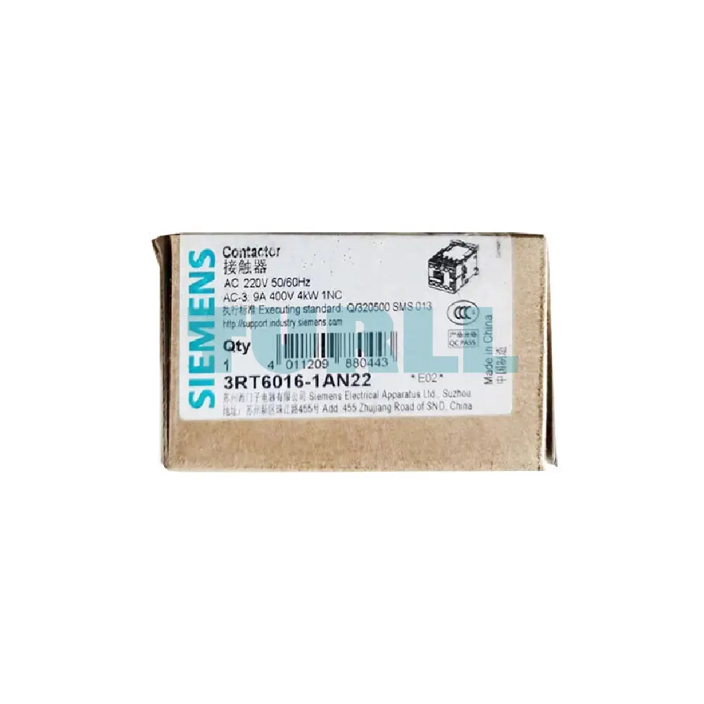 Siemens 3RT6016-1AN22 Contactor AC 220V, AC-3 4kW, 3-Pole, S00 Size, 1NC Contact Original Brand New 6 Siemens 3RT6016-1AN22 Contactor AC 220V, AC-3 4kW, 3-Pole, S00 Size, 1NC Contact