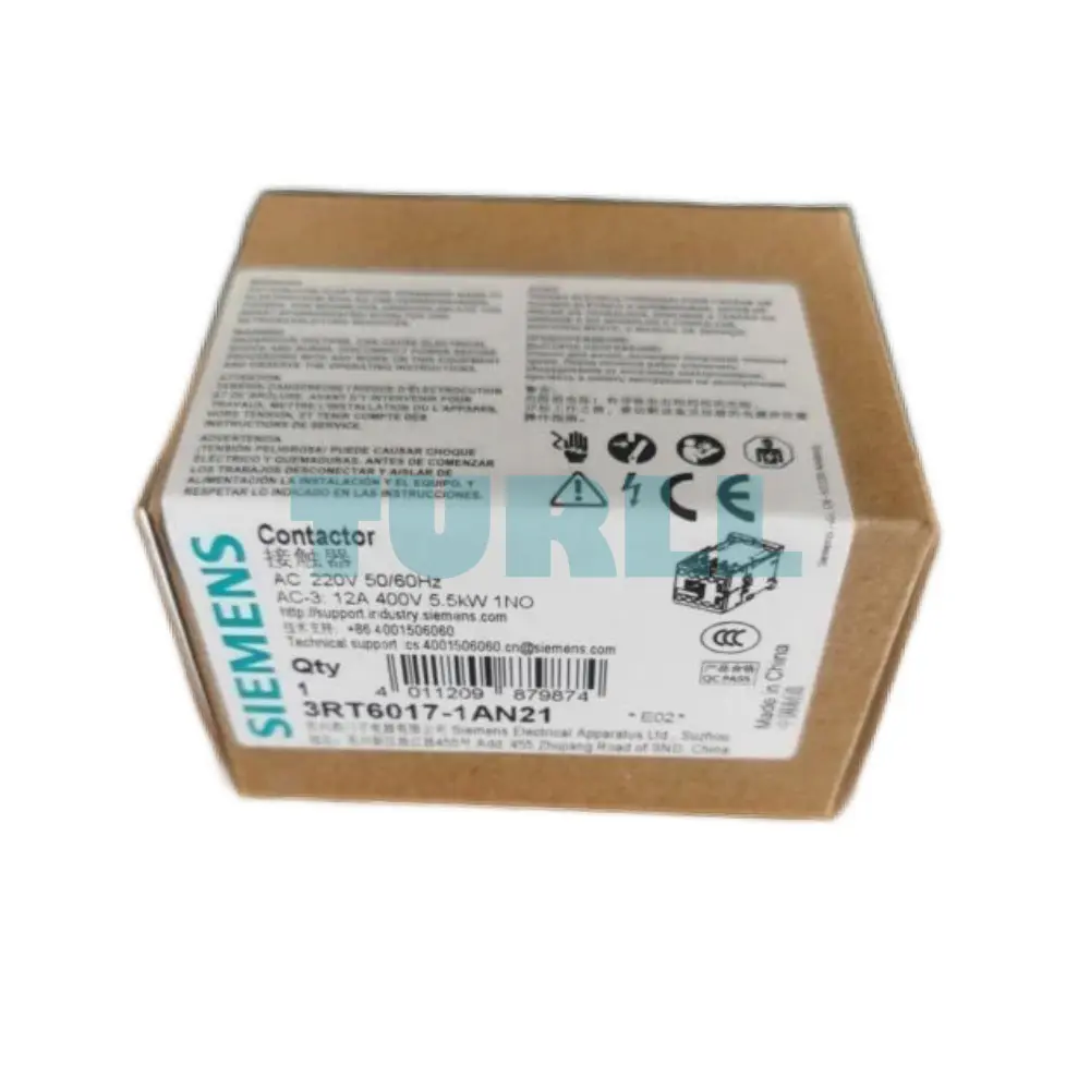 Siemens 3RT6017-1AN21 Contactor AC 220V 50/60Hz, AC-3 5.5kW, 3-Pole, 1NO, Size S00