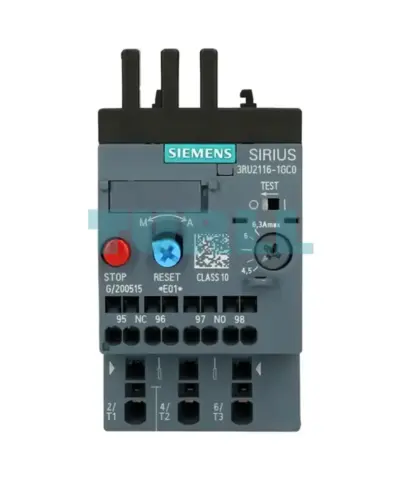 Siemens 3RU2116-1GC0 Overload Relay 4.5–6.3A, Thermal Motor Protection, Class 10, Size S00