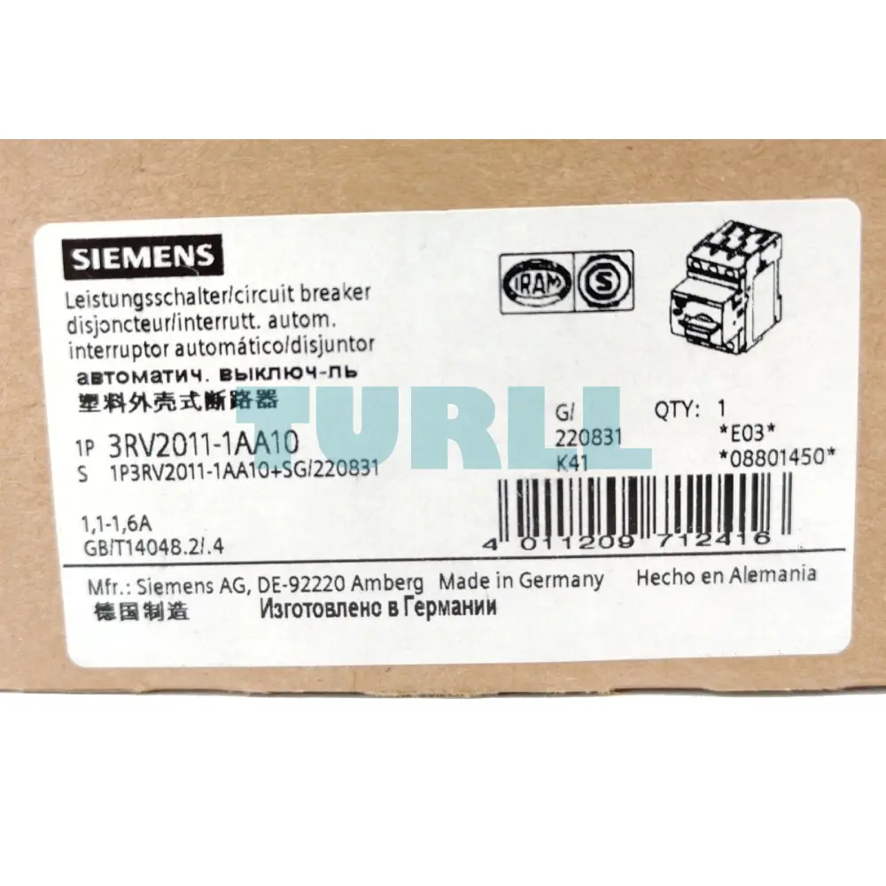 Siemens 3RV2011-1AA10 Circuit Breaker, S00, Motor Protection, CLASS 10, 1.1–1.6 A Original Brand New 6 Siemens 3RV2011-1AA10 Circuit Breaker, S00, Motor Protection, CLASS 10, 1.1–1.6 A