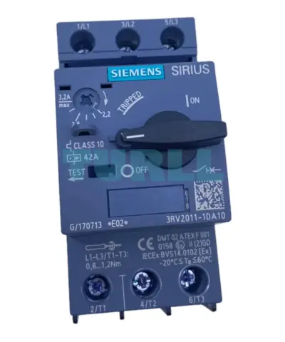Siemens 3RV2011-1DA10 Motor Protection Circuit Breaker, S00 Size, 2.2–3.2A, 42A N-Release