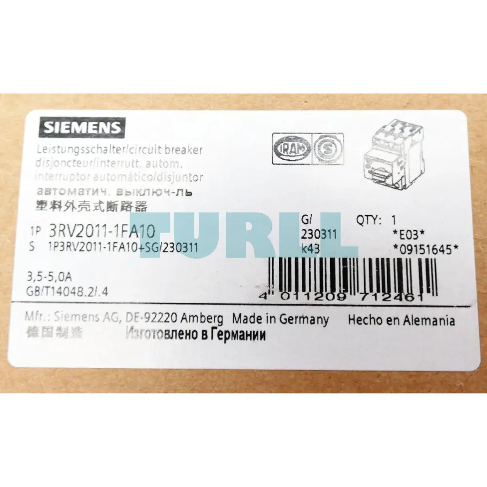 Siemens 3RV2011-1FA10 S00 Motor Protection Circuit Breaker, CLASS 10, 3.5–5 A Original Brand New 4 Siemens 3RV2011-1FA10 S00 Motor Protection Circuit Breaker, CLASS 10, 3.5–5 A